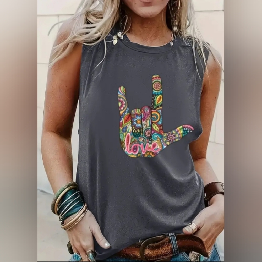 I Love You Sign Language Hand 60's Trippy Graphic T-Shirt Gray/Grey Plus 1x/2x